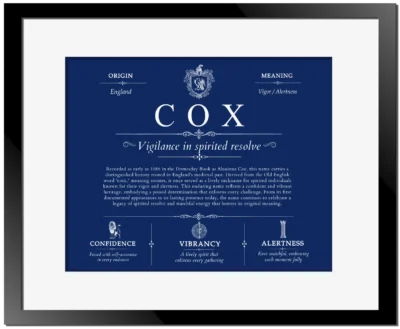 Cox surname meaning and heritage in Deep Blue with Black Matte Frame