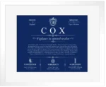 Cox surname meaning and heritage in Deep Blue with White Matte Frame