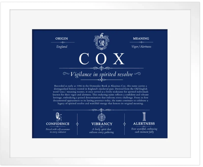Cox surname meaning and heritage in Deep Blue with White Matte Frame