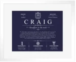 Craig surname history and family heritage in Navy Blue with White Matte Frame