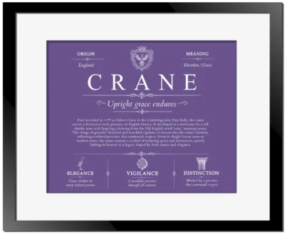 Crane family name heritage in Purple with Black Matte Frame
