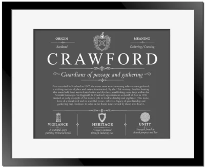 Crawford family name meaning and origin in Gray with Black Matte Frame
