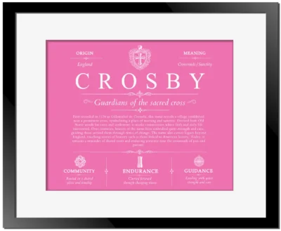 Crosby surname origin and history in Pink with Black Matte Frame