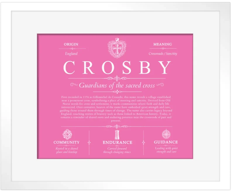 Crosby surname origin and history in Pink with White Matte Frame