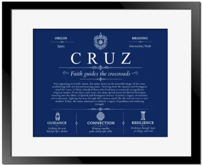 Cruz last name origin and heritage in Deep Blue with Black Matte Frame