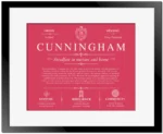 Cunningham surname history and family heritage in Red with Black Matte Frame