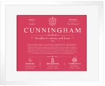 Cunningham surname history and family heritage in Red with White Matte Frame