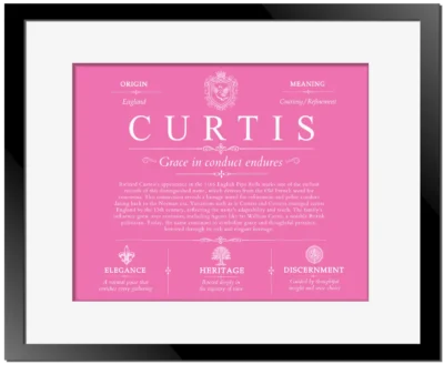 Curtis family name meaning and history in Pink with Black Matte Frame