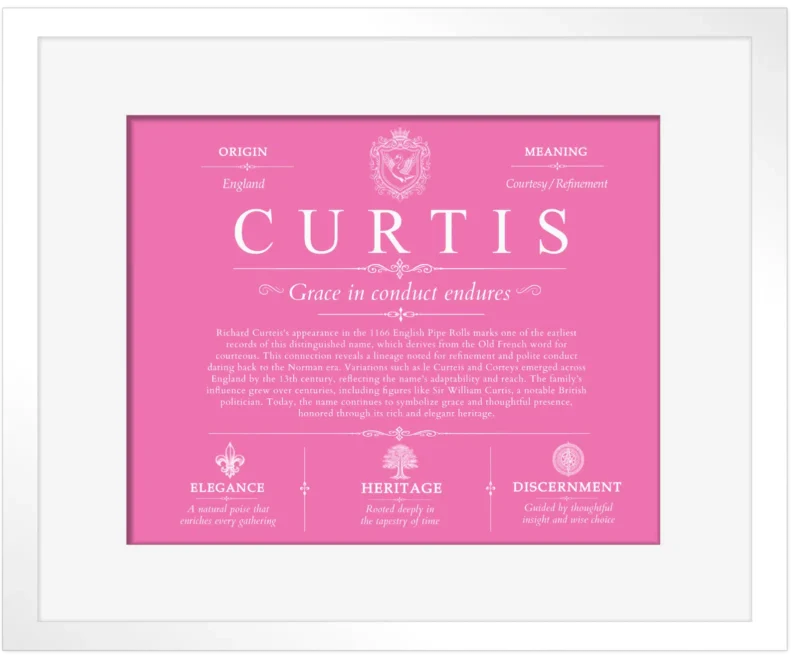 Curtis family name meaning and history in Pink with White Matte Frame