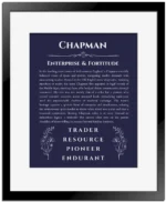 Chapman name meaning keepsake print in navy blue with black matte frame