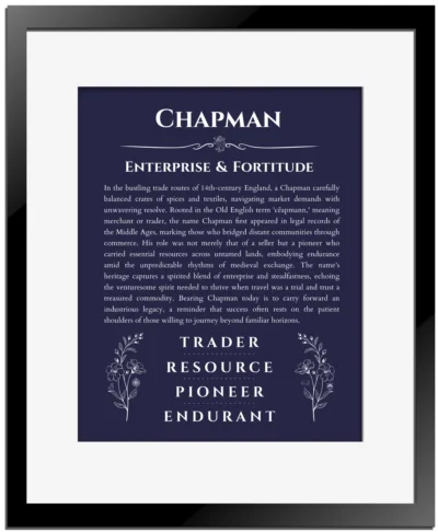 Chapman name meaning keepsake print in navy blue with black matte frame