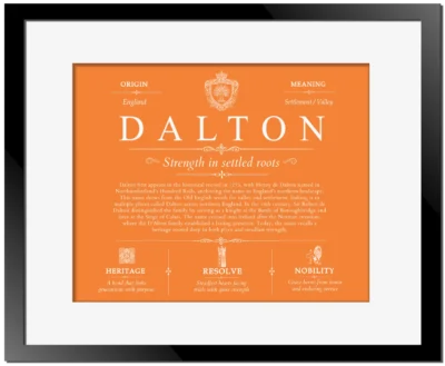Dalton surname history and heritage in Orange with Black Matte Frame