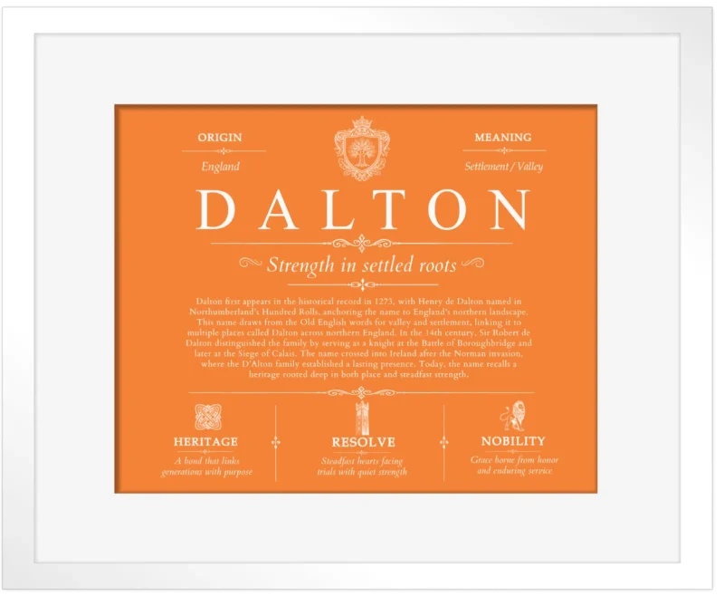 Dalton surname history and heritage in Orange with White Matte Frame