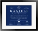 Daniels surname origin and history in Deep Blue with Black Matte Frame