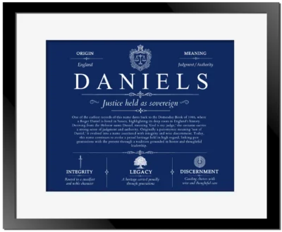 Daniels surname origin and history in Deep Blue with Black Matte Frame