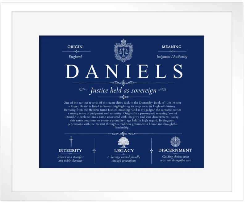 Daniels surname origin and history in Deep Blue with White Matte Frame