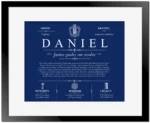 Daniel personalized surname meaning in Deep Blue with Black Matte Frame