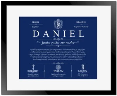 Daniel personalized surname meaning in Deep Blue with Black Matte Frame