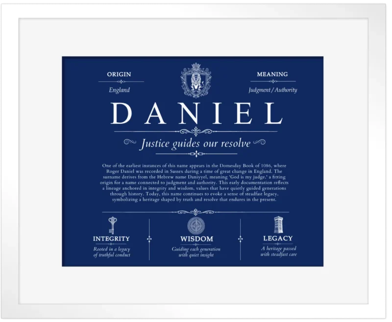 Daniel personalized surname meaning in Deep Blue with White Matte Frame