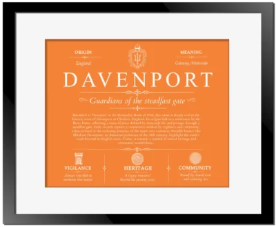 Davenport last name history and origin in Orange with Black Matte Frame