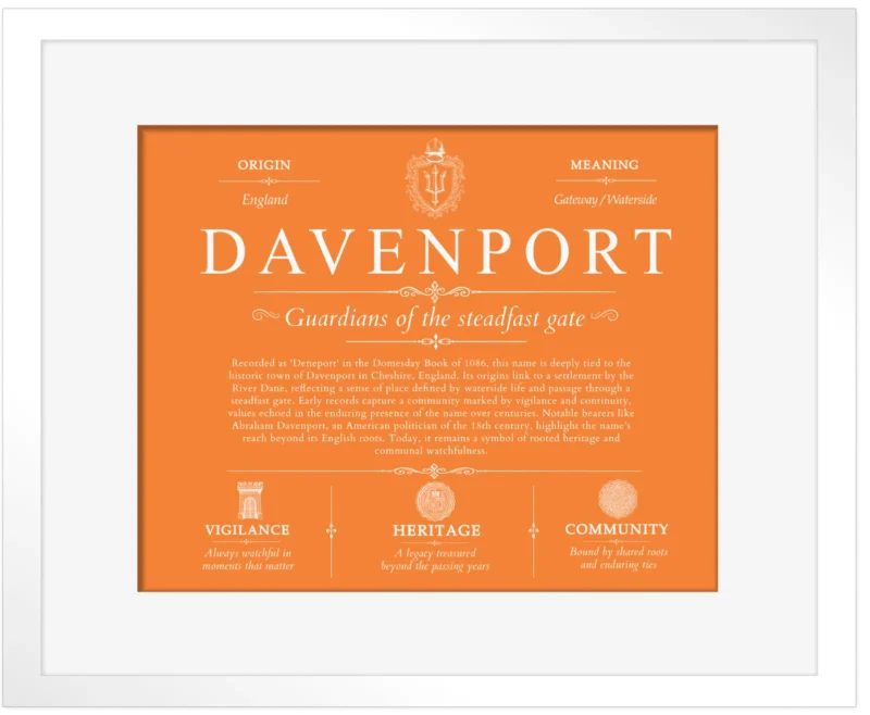 Davenport last name history and origin in Orange with White Matte Frame
