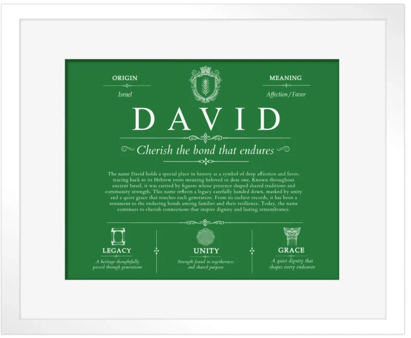 David personalized last name meaning in Dark Green with White Matte Frame
