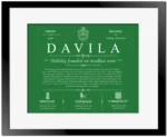 Davila family name heritage in Dark Green with Black Matte Frame