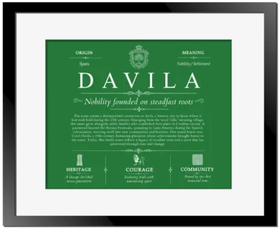 Davila family name heritage in Dark Green with Black Matte Frame