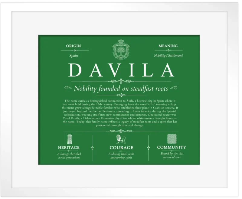 Davila family name heritage in Dark Green with White Matte Frame