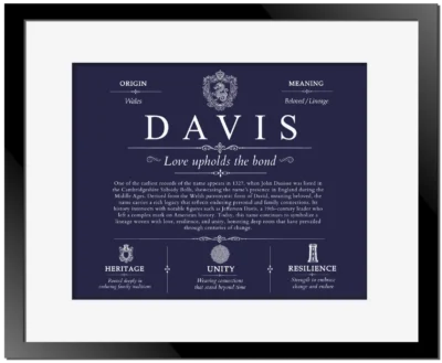 Davis family name meaning and history in Navy Blue with Black Matte Frame