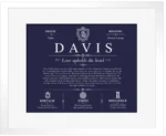 Davis family name meaning and history in Navy Blue with White Matte Frame