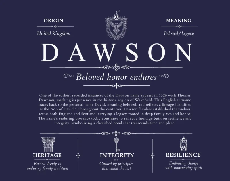 Dawson family name origin and history in Navy Blue