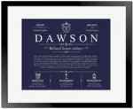 Dawson family name origin and history in Navy Blue with Black Matte Frame