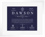 Dawson family name origin and history in Navy Blue with White Matte Frame Dawson family name origin and history in Navy Blue with White Matte Frame