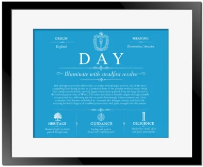 Day surname history and heritage in Blue with Black Matte Frame