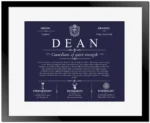 Dean surname meaning and origin in Navy Blue with Black Matte Frame