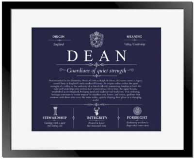 Dean surname meaning and origin in Navy Blue with Black Matte Frame
