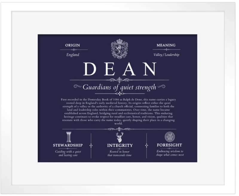 Dean surname meaning and origin in Navy Blue with White Matte Frame