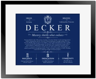 Decker personalized family surname in Deep Blue with Black Matte Frame