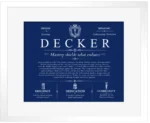Decker personalized family surname in Deep Blue with White Matte Frame