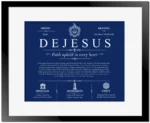 Dejesus family name origin and history in Deep Blue with Black Matte Frame