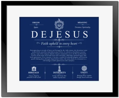 Dejesus family name origin and history in Deep Blue with Black Matte Frame