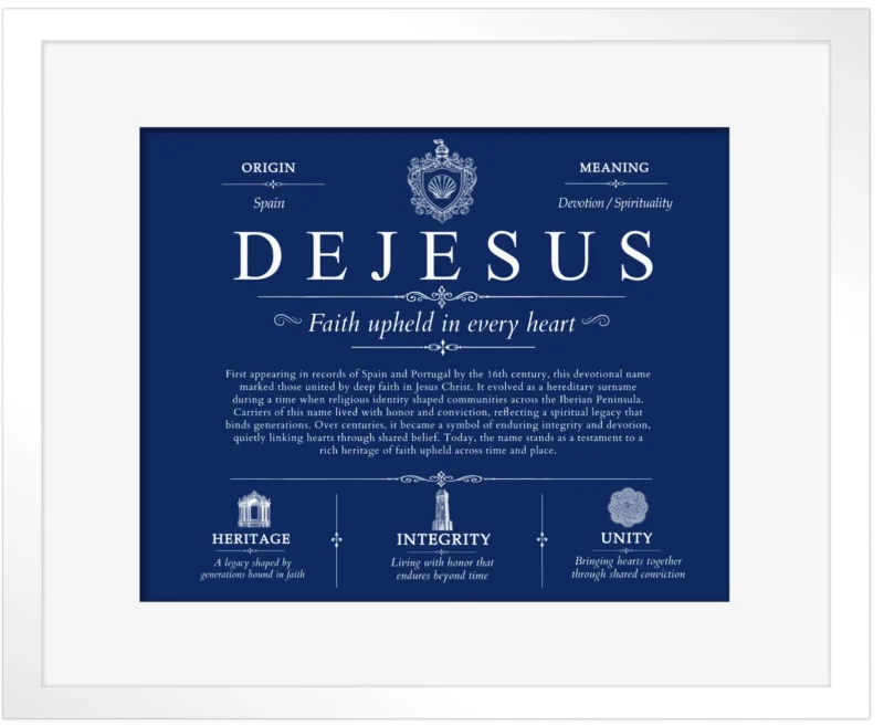 Dejesus family name origin and history in Deep Blue with White Matte Frame