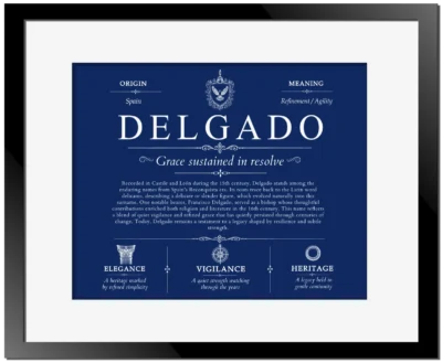 Delgado personalized surname meaning in Deep Blue with Black Matte Frame