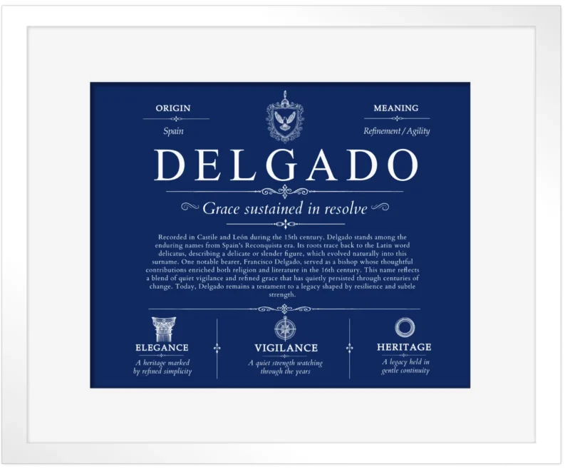 Delgado personalized surname meaning in Deep Blue with White Matte Frame