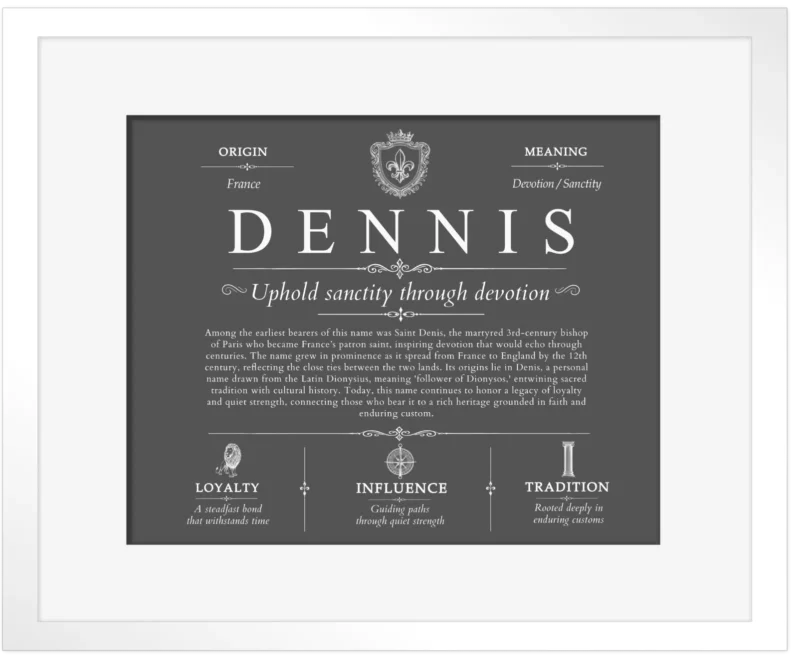 Dennis surname meaning origin and heritage in Gray with White Matte Frame