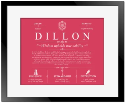 Dillon surname meaning origin and heritage in Red with Black Matte Frame