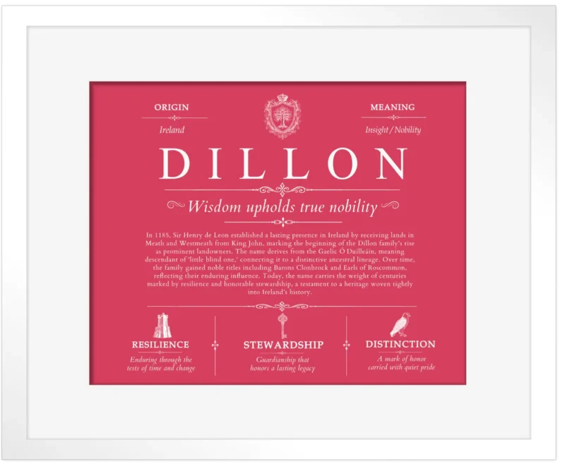 Dillon surname meaning origin and heritage in Red with White Matte Frame