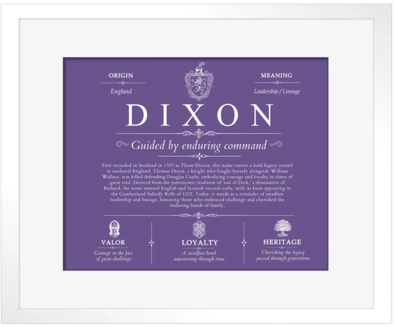 Dixon surname meaning and origin in Purple with White Matte Frame
