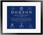 Dodson last name history and origin in Deep Blue with Black Matte Frame